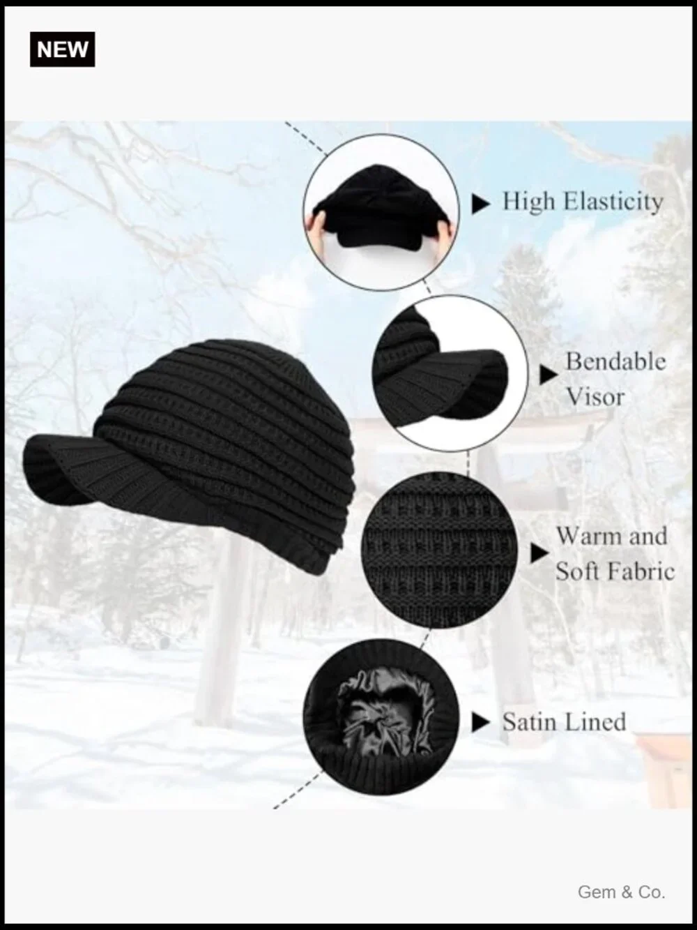 Satin Lined Knit Beanie Hat with Visor Brim Winter Warm Slouchy Newsboy Cap